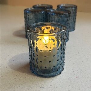Set of 5 Elegant Blue Glass Votive Candle Holders